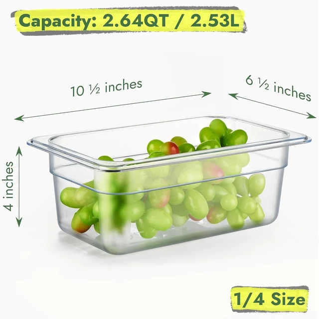 Alt view image 2 of 7 - 6-Pack 1/4 Size 4" Deep NSF Polycarbonate Food Pans with Handled Lids & Drain Trays