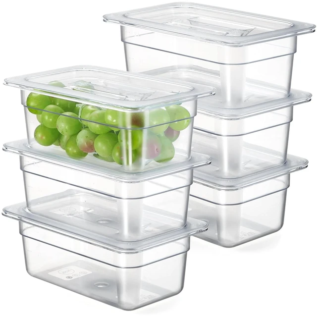Main image of 6-Pack 1/4 Size 4" Deep NSF Polycarbonate Food Pans with Handled Lids & Drain Trays