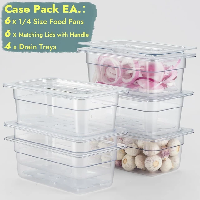 Alt view image 3 of 7 - 6-Pack 1/4 Size 4" Deep NSF Polycarbonate Food Pans with Handled Lids & Drain Trays