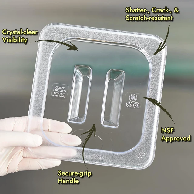 Alt view image 7 of 7 - 6-Pack 1/4 Size 4" Deep NSF Polycarbonate Food Pans with Handled Lids & Drain Trays