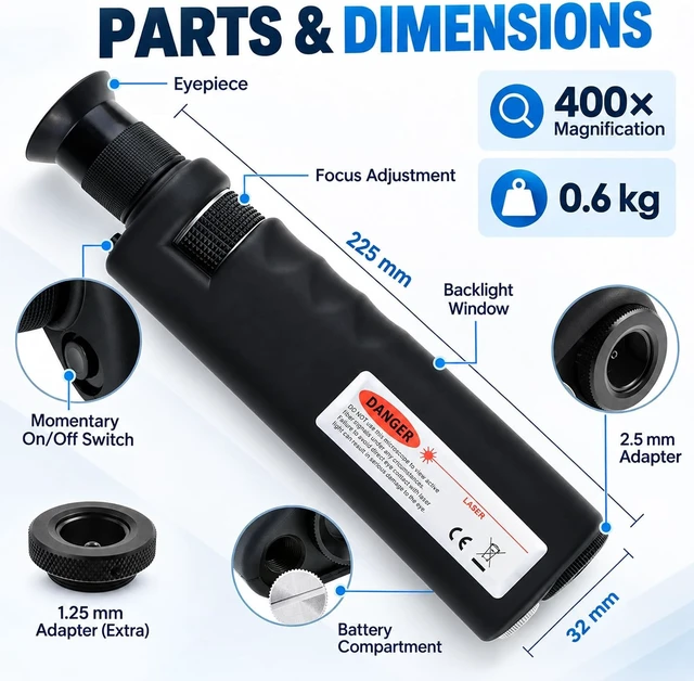 Alt view image 7 of 7 - 400x Handheld Fiber Optic Microscope Inspection Tool Portable Microscope Fiber Optic Tools Lighted Pocket Microscope LED Light Coaxial Illumination 2.5mm FC SC ST and 1.25mm LC Adapter