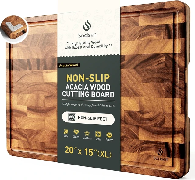Main image of Large End Grain Cutting Board for Kitchen with Non-slip Feet, Acacia Wood
