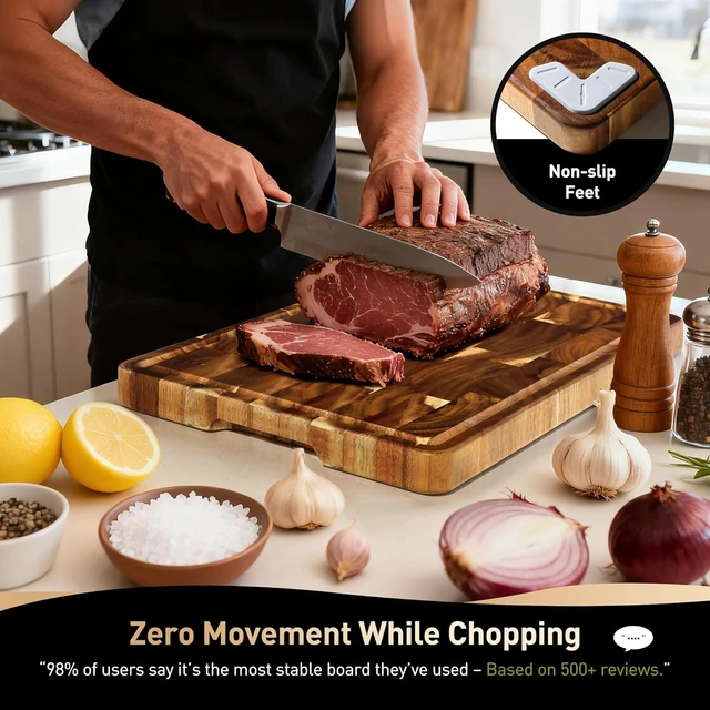 Alt view image 2 of 7 - Large End Grain Cutting Board for Kitchen with Non-slip Feet, Acacia Wood