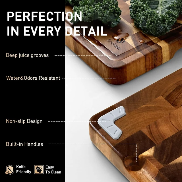 Alt view image 5 of 7 - Large End Grain Cutting Board for Kitchen with Non-slip Feet, Acacia Wood