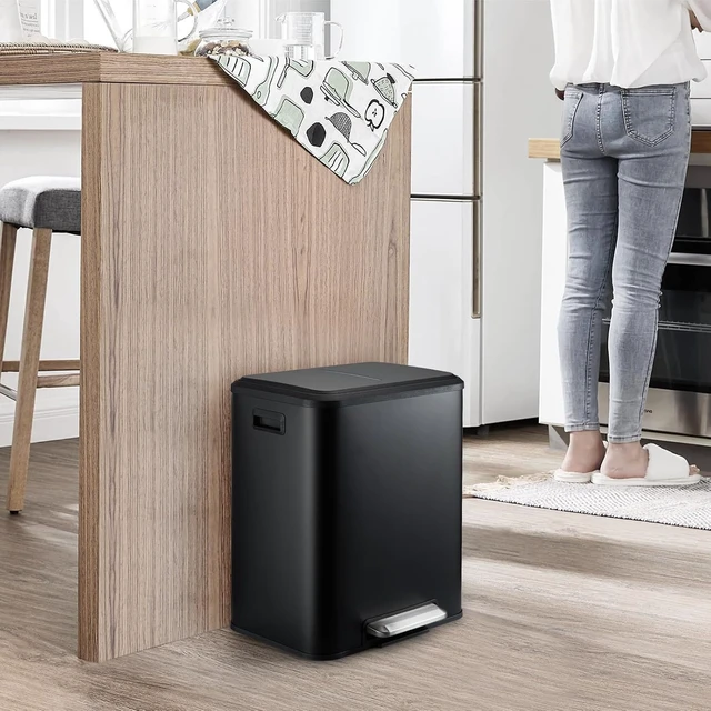 Alt view image 7 of 7 - Dual Trash Can Stainless Steel Kitchen Recycling Bin Foot Pedal