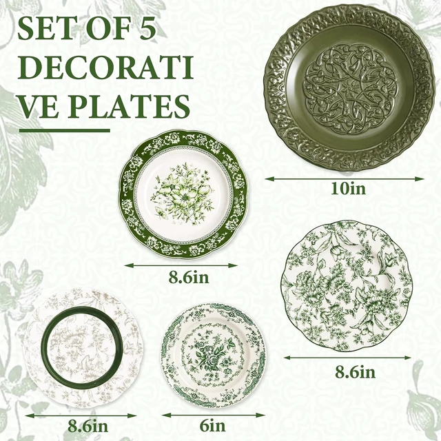 Alt view image 2 of 7 - 5 Pcs Coastal Vintage Ceramic Wall Plates Set, Green Decoration Hanging Plates with Botanical Patterns, Holland Vintage Gifts for Wall, Home Office Art Ornament(Emerald)