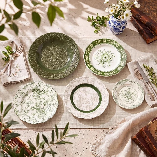 Alt view image 3 of 7 - 5 Pcs Coastal Vintage Ceramic Wall Plates Set, Green Decoration Hanging Plates with Botanical Patterns, Holland Vintage Gifts for Wall, Home Office Art Ornament(Emerald)