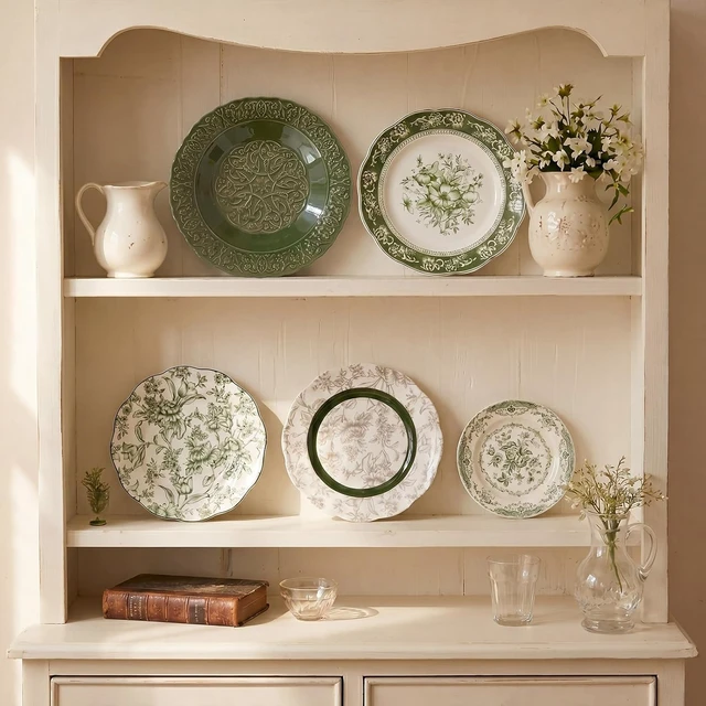 Alt view image 4 of 7 - 5 Pcs Coastal Vintage Ceramic Wall Plates Set, Green Decoration Hanging Plates with Botanical Patterns, Holland Vintage Gifts for Wall, Home Office Art Ornament(Emerald)