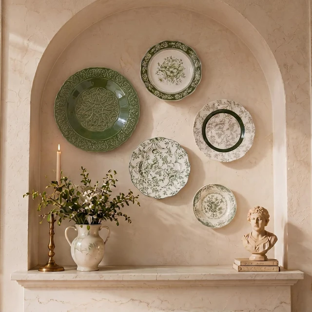 Alt view image 5 of 7 - 5 Pcs Coastal Vintage Ceramic Wall Plates Set, Green Decoration Hanging Plates with Botanical Patterns, Holland Vintage Gifts for Wall, Home Office Art Ornament(Emerald)