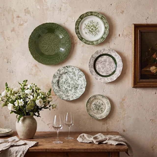 Alt view image 6 of 7 - 5 Pcs Coastal Vintage Ceramic Wall Plates Set, Green Decoration Hanging Plates with Botanical Patterns, Holland Vintage Gifts for Wall, Home Office Art Ornament(Emerald)