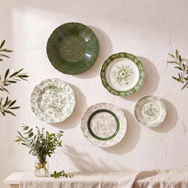 Alt view image 7 of 7 - 5 Pcs Coastal Vintage Ceramic Wall Plates Set, Green Decoration Hanging Plates with Botanical Patterns, Holland Vintage Gifts for Wall, Home Office Art Ornament(Emerald)
