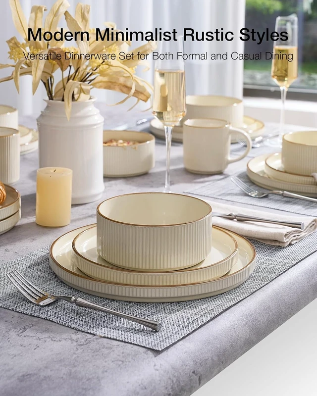 Alt view image 2 of 7 - Plates and Bowls Set with Rim, Stoneware Dinnerware Sets for 4