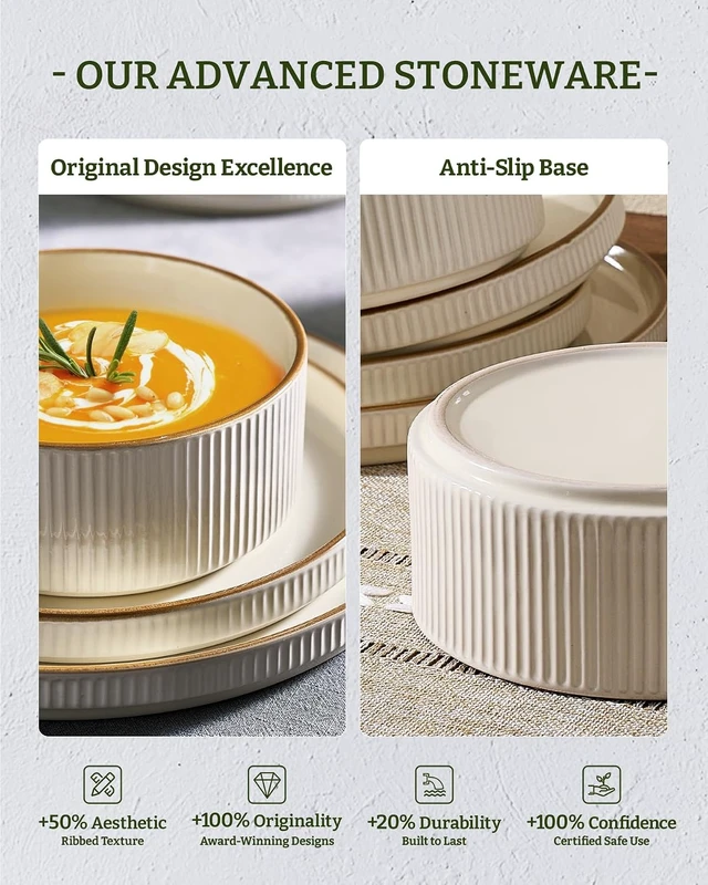 Alt view image 4 of 7 - Plates and Bowls Set with Rim, Stoneware Dinnerware Sets for 4