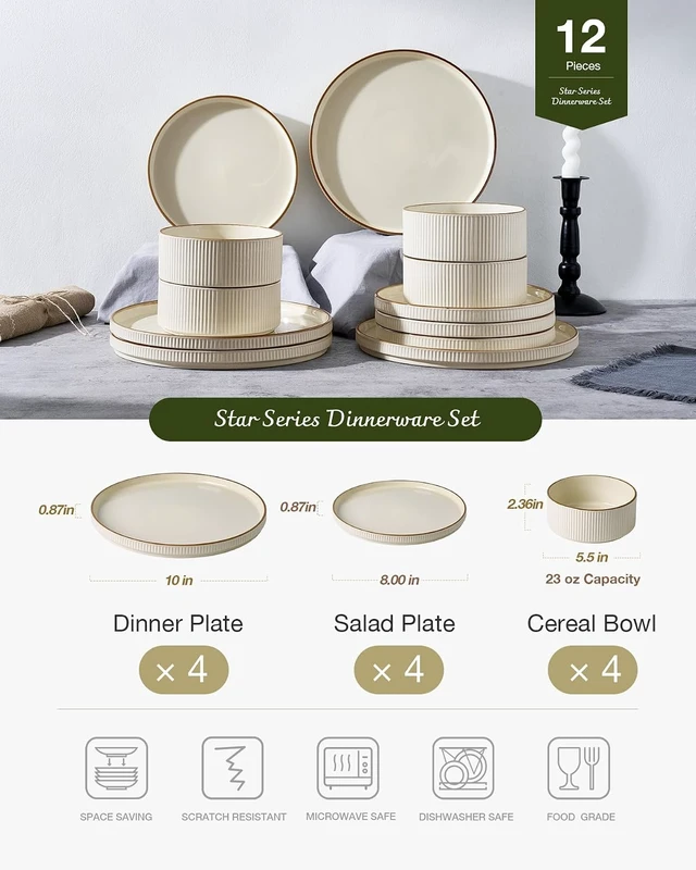 Alt view image 5 of 7 - Plates and Bowls Set with Rim, Stoneware Dinnerware Sets for 4