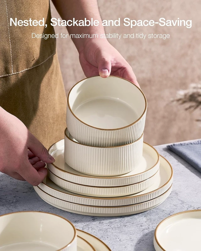 Alt view image 6 of 7 - Plates and Bowls Set with Rim, Stoneware Dinnerware Sets for 4