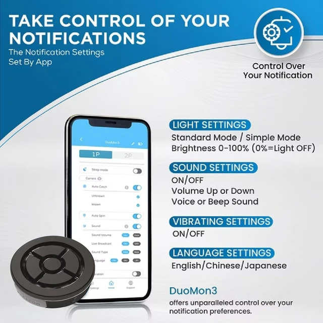 Alt view image 5 of 7 - Megacom DuoMon3 1P/2P Auto Catcher, Rechargeable Pocket Auto Collecting Device with Adjustable Lights, Sound Notifications and One Touch Reconnect - Black (Standard Version)
