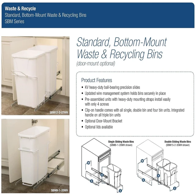 Alt view image 3 of 7 - SBM9-1-20WH 8.38 in. W x 20 in. D x 17.31 in. H In Cabinet Pull-Out Bottom Mount 20qt Trash Can