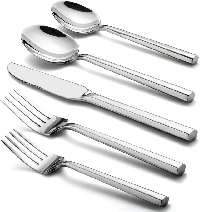 Main image of Hexagon 40-Piece Forged Silverware Set Stainless Steel Flatware Set Cutlery Set,Service for 8,Mirror Finish,Dishwasher Safe