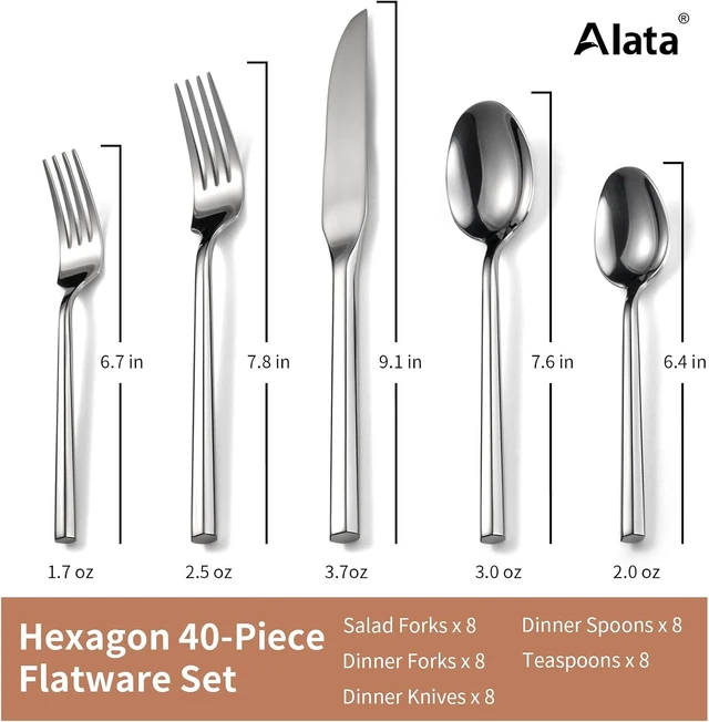 Alt view image 3 of 7 - Hexagon 40-Piece Forged Silverware Set Stainless Steel Flatware Set Cutlery Set,Service for 8,Mirror Finish,Dishwasher Safe