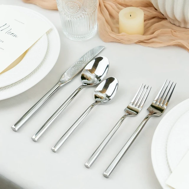 Alt view image 7 of 7 - Hexagon 40-Piece Forged Silverware Set Stainless Steel Flatware Set Cutlery Set,Service for 8,Mirror Finish,Dishwasher Safe