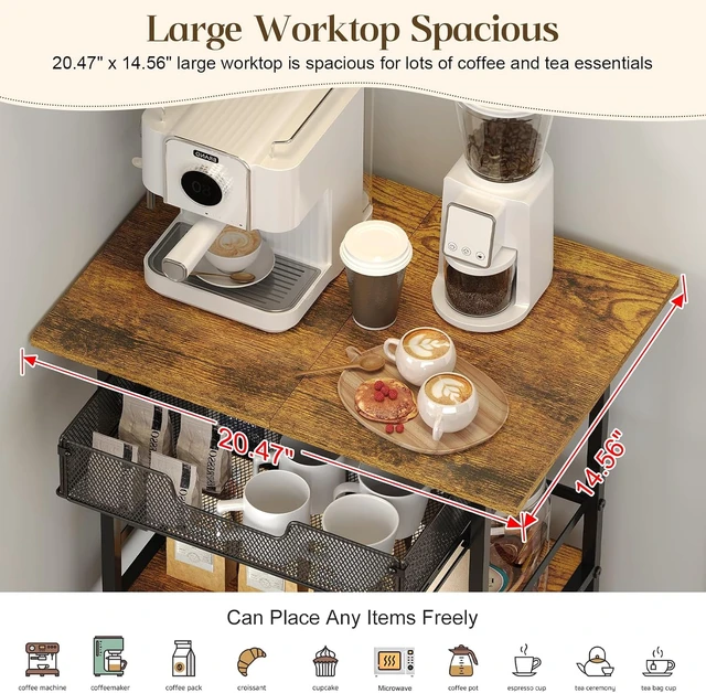 Alt view image 2 of 7 - 3 Tier Slim Rolling Coffee Cart with 2-Door & Pull-Out Wire Basket Drawer, Coffee Bar Cabinet on Lockable Casters, 32.7" H Microwave Cart with Storage for Home, Kitchen, Living Room (Rustic Brown)