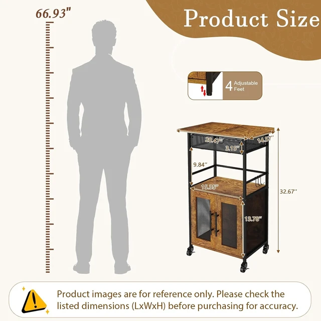 Alt view image 3 of 7 - 3 Tier Slim Rolling Coffee Cart with 2-Door & Pull-Out Wire Basket Drawer, Coffee Bar Cabinet on Lockable Casters, 32.7" H Microwave Cart with Storage for Home, Kitchen, Living Room (Rustic Brown)