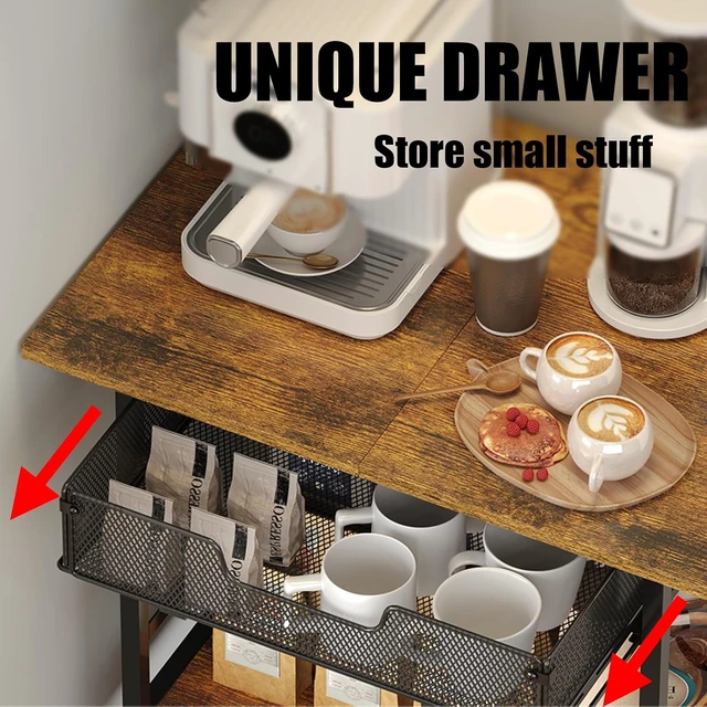 Alt view image 4 of 7 - 3 Tier Slim Rolling Coffee Cart with 2-Door & Pull-Out Wire Basket Drawer, Coffee Bar Cabinet on Lockable Casters, 32.7" H Microwave Cart with Storage for Home, Kitchen, Living Room (Rustic Brown)