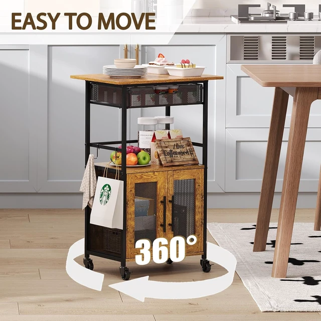 Alt view image 5 of 7 - 3 Tier Slim Rolling Coffee Cart with 2-Door & Pull-Out Wire Basket Drawer, Coffee Bar Cabinet on Lockable Casters, 32.7" H Microwave Cart with Storage for Home, Kitchen, Living Room (Rustic Brown)