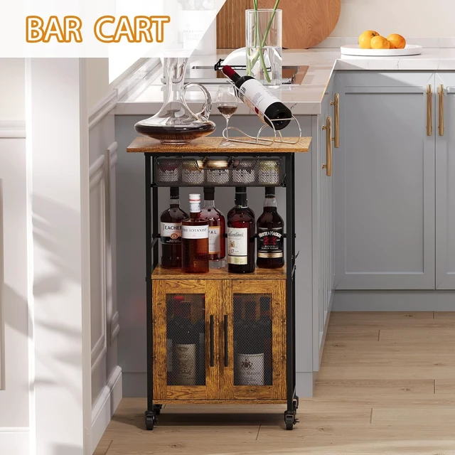 Alt view image 6 of 7 - 3 Tier Slim Rolling Coffee Cart with 2-Door & Pull-Out Wire Basket Drawer, Coffee Bar Cabinet on Lockable Casters, 32.7" H Microwave Cart with Storage for Home, Kitchen, Living Room (Rustic Brown)