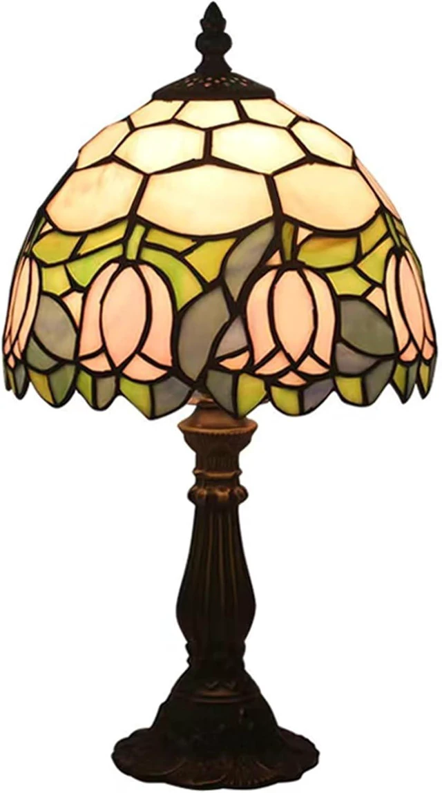 Main image of Tiffany Style Table Lamp, Pink Tulip Stained Glass Lamp, 8 Inch Small Antique Lamp, for Bedside Nightstand Bedroom Living Room Home Office, Include LED Bulb