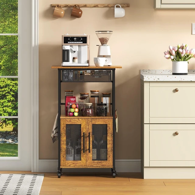 Alt view image 7 of 7 - 3 Tier Slim Rolling Coffee Cart with 2-Door & Pull-Out Wire Basket Drawer, Coffee Bar Cabinet on Lockable Casters, 32.7" H Microwave Cart with Storage for Home, Kitchen, Living Room (Rustic Brown)
