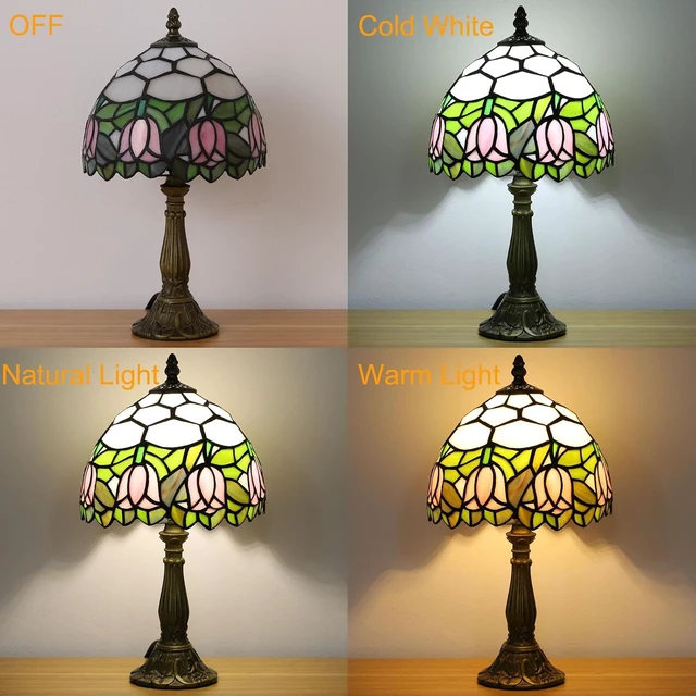 Alt view image 2 of 7 - Tiffany Style Table Lamp, Pink Tulip Stained Glass Lamp, 8 Inch Small Antique Lamp, for Bedside Nightstand Bedroom Living Room Home Office, Include LED Bulb