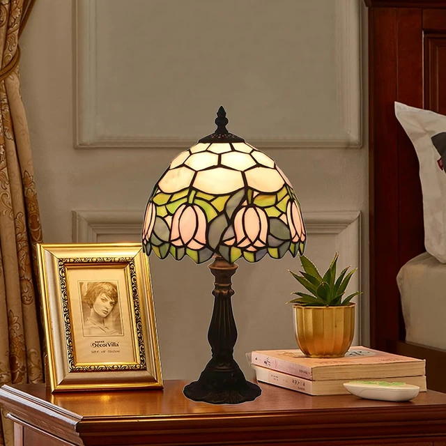 Alt view image 3 of 7 - Tiffany Style Table Lamp, Pink Tulip Stained Glass Lamp, 8 Inch Small Antique Lamp, for Bedside Nightstand Bedroom Living Room Home Office, Include LED Bulb
