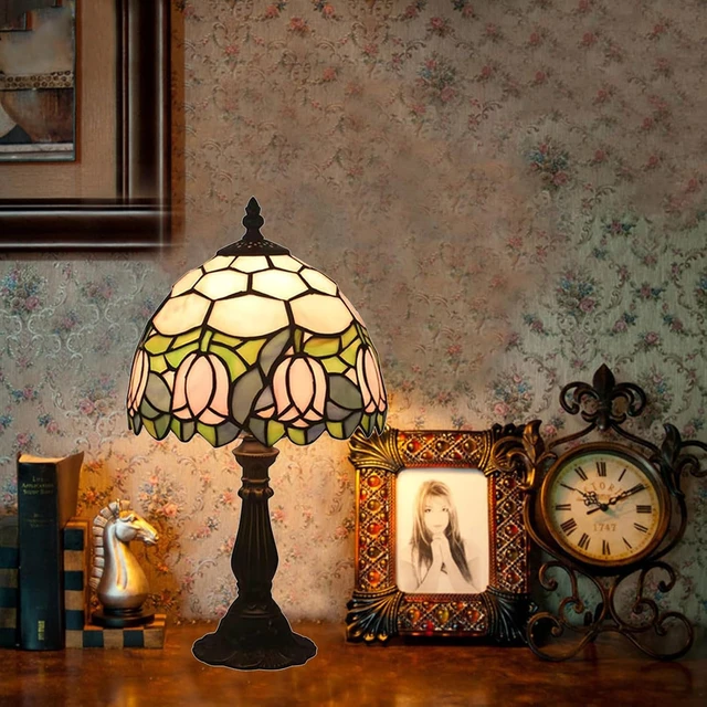Alt view image 4 of 7 - Tiffany Style Table Lamp, Pink Tulip Stained Glass Lamp, 8 Inch Small Antique Lamp, for Bedside Nightstand Bedroom Living Room Home Office, Include LED Bulb