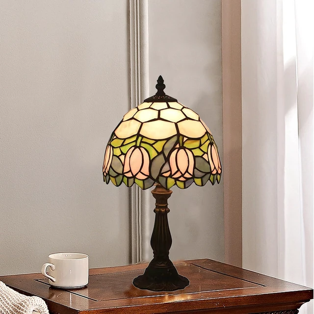 Alt view image 5 of 7 - Tiffany Style Table Lamp, Pink Tulip Stained Glass Lamp, 8 Inch Small Antique Lamp, for Bedside Nightstand Bedroom Living Room Home Office, Include LED Bulb