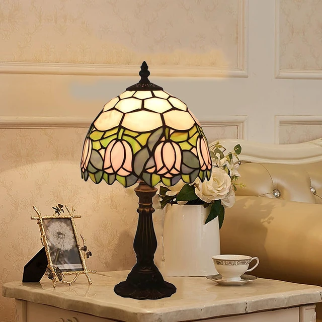 Alt view image 6 of 7 - Tiffany Style Table Lamp, Pink Tulip Stained Glass Lamp, 8 Inch Small Antique Lamp, for Bedside Nightstand Bedroom Living Room Home Office, Include LED Bulb