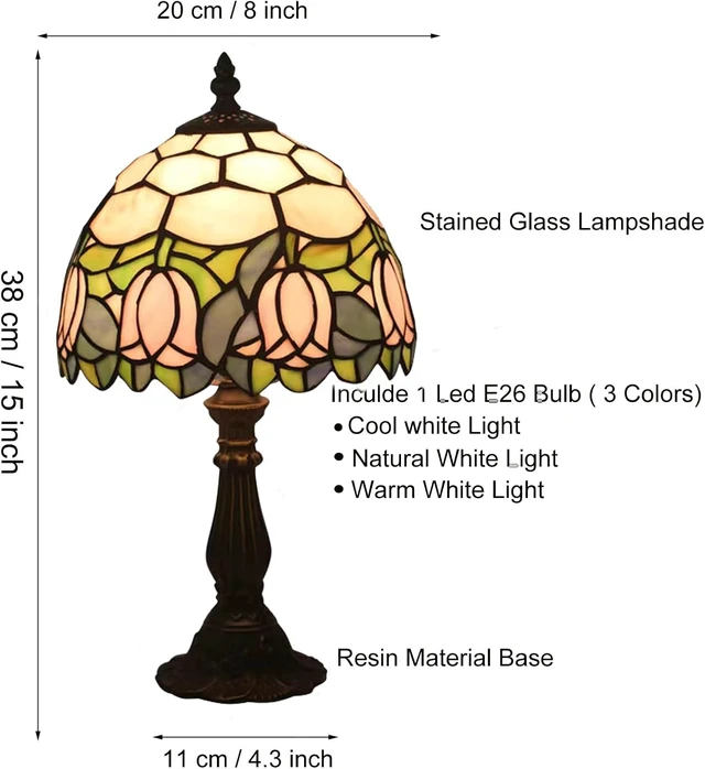 Alt view image 7 of 7 - Tiffany Style Table Lamp, Pink Tulip Stained Glass Lamp, 8 Inch Small Antique Lamp, for Bedside Nightstand Bedroom Living Room Home Office, Include LED Bulb