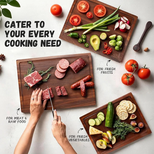 Alt view image 2 of 7 - 3-Piece 100% Natural Solid Walnut Cutting Boards, Chopping Blocks with Anti-Slip Stand, Deep Juice Channel & Recessed Handles, Ideal for Meat & Vegetable Prep, Perfect Gifts for Home Cooks