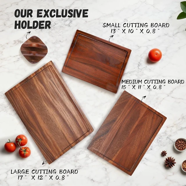 Alt view image 3 of 7 - 3-Piece 100% Natural Solid Walnut Cutting Boards, Chopping Blocks with Anti-Slip Stand, Deep Juice Channel & Recessed Handles, Ideal for Meat & Vegetable Prep, Perfect Gifts for Home Cooks