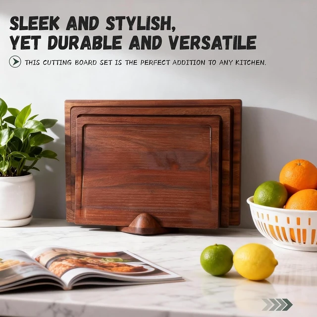 Alt view image 5 of 7 - 3-Piece 100% Natural Solid Walnut Cutting Boards, Chopping Blocks with Anti-Slip Stand, Deep Juice Channel & Recessed Handles, Ideal for Meat & Vegetable Prep, Perfect Gifts for Home Cooks
