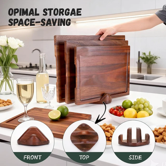 Alt view image 6 of 7 - 3-Piece 100% Natural Solid Walnut Cutting Boards, Chopping Blocks with Anti-Slip Stand, Deep Juice Channel & Recessed Handles, Ideal for Meat & Vegetable Prep, Perfect Gifts for Home Cooks