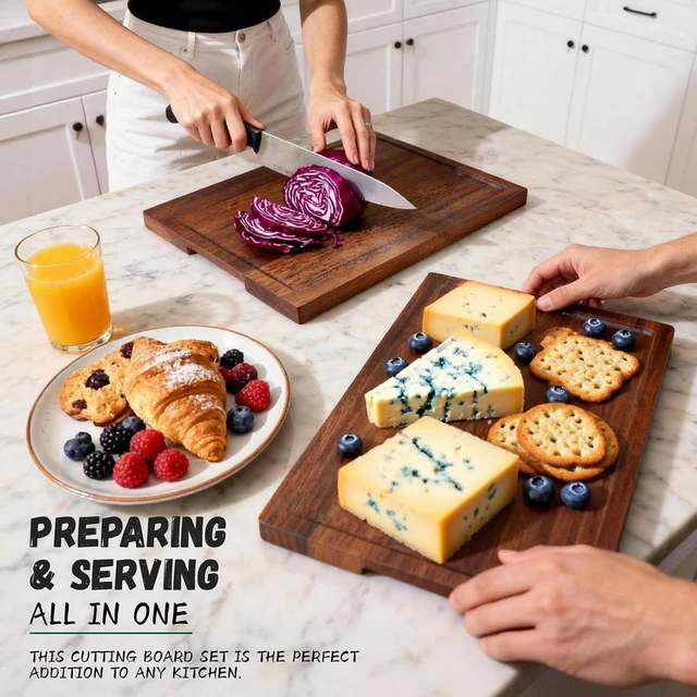Alt view image 7 of 7 - 3-Piece 100% Natural Solid Walnut Cutting Boards, Chopping Blocks with Anti-Slip Stand, Deep Juice Channel & Recessed Handles, Ideal for Meat & Vegetable Prep, Perfect Gifts for Home Cooks
