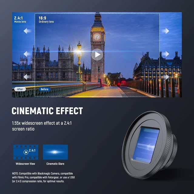 Alt view image 2 of 7 - 1.55X Blue Flare Anamorphic Phone Camera Lens with 17mm Threaded Clip, 4 Elements 4 Groups 2.4:1 Wide Screen Cinematic Mobile Photography Effect Compatible with iPhone Android , LS-75