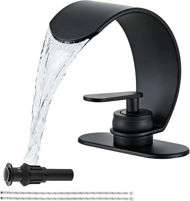 Main image of Black Waterfall Single Hole Bathroom Sink Faucet, Solid Brass Single Handle Modern Bathroom Faucet, Snake Shape Design Basin Tap, Hollow Vessel Faucet with Deck Plate for 3 Holes
