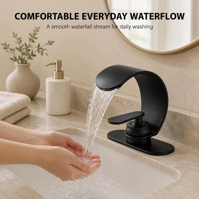 Alt view image 2 of 7 - Black Waterfall Single Hole Bathroom Sink Faucet, Solid Brass Single Handle Modern Bathroom Faucet, Snake Shape Design Basin Tap, Hollow Vessel Faucet with Deck Plate for 3 Holes