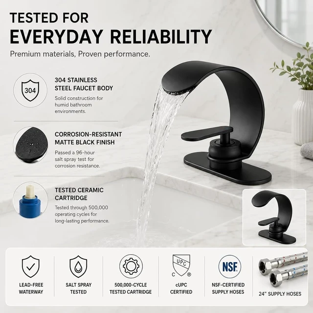 Alt view image 5 of 7 - Black Waterfall Single Hole Bathroom Sink Faucet, Solid Brass Single Handle Modern Bathroom Faucet, Snake Shape Design Basin Tap, Hollow Vessel Faucet with Deck Plate for 3 Holes