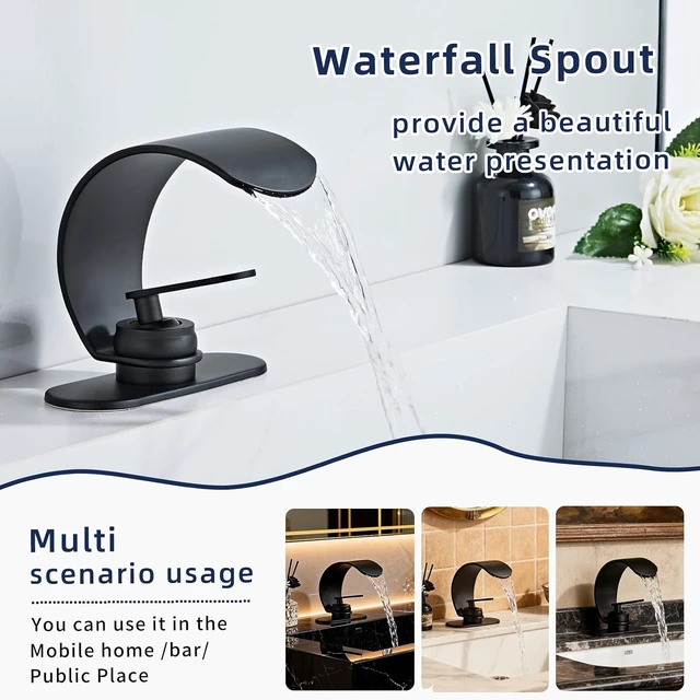 Alt view image 4 of 7 - Black Waterfall Single Hole Bathroom Sink Faucet, Solid Brass Single Handle Modern Bathroom Faucet, Snake Shape Design Basin Tap, Hollow Vessel Faucet with Deck Plate for 3 Holes