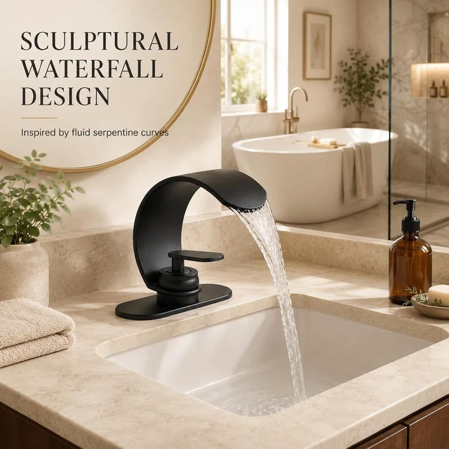 Alt view image 7 of 7 - Black Waterfall Single Hole Bathroom Sink Faucet, Solid Brass Single Handle Modern Bathroom Faucet, Snake Shape Design Basin Tap, Hollow Vessel Faucet with Deck Plate for 3 Holes