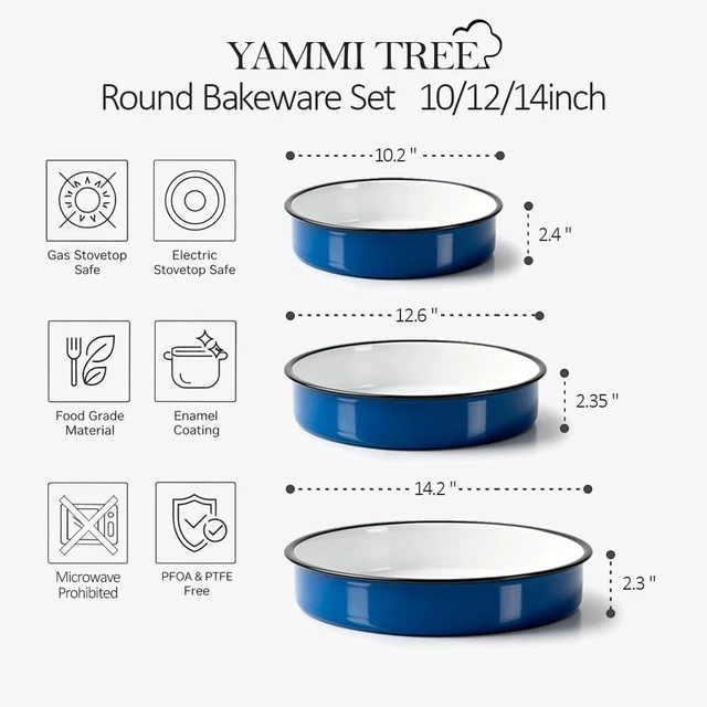 Alt view image 3 of 7 - 3-Pack Enamel Roasting & Baking Pan Set 10/12/14 Inch Round Cake Pans, High Temperature Resistant Baking Dishes for Turkey Pizza Casseroles Oven Bakeware PFOA & PTFE Free Ideal Gift for Mom - CookWare