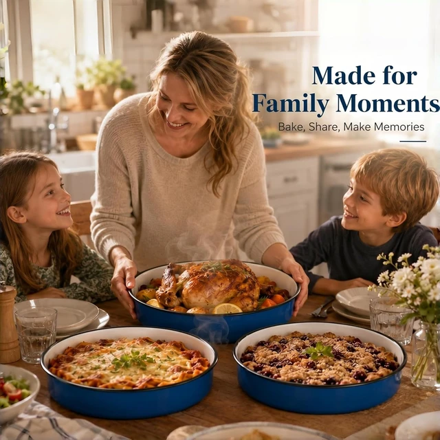 Alt view image 7 of 7 - 3-Pack Enamel Roasting & Baking Pan Set 10/12/14 Inch Round Cake Pans, High Temperature Resistant Baking Dishes for Turkey Pizza Casseroles Oven Bakeware PFOA & PTFE Free Ideal Gift for Mom - CookWare